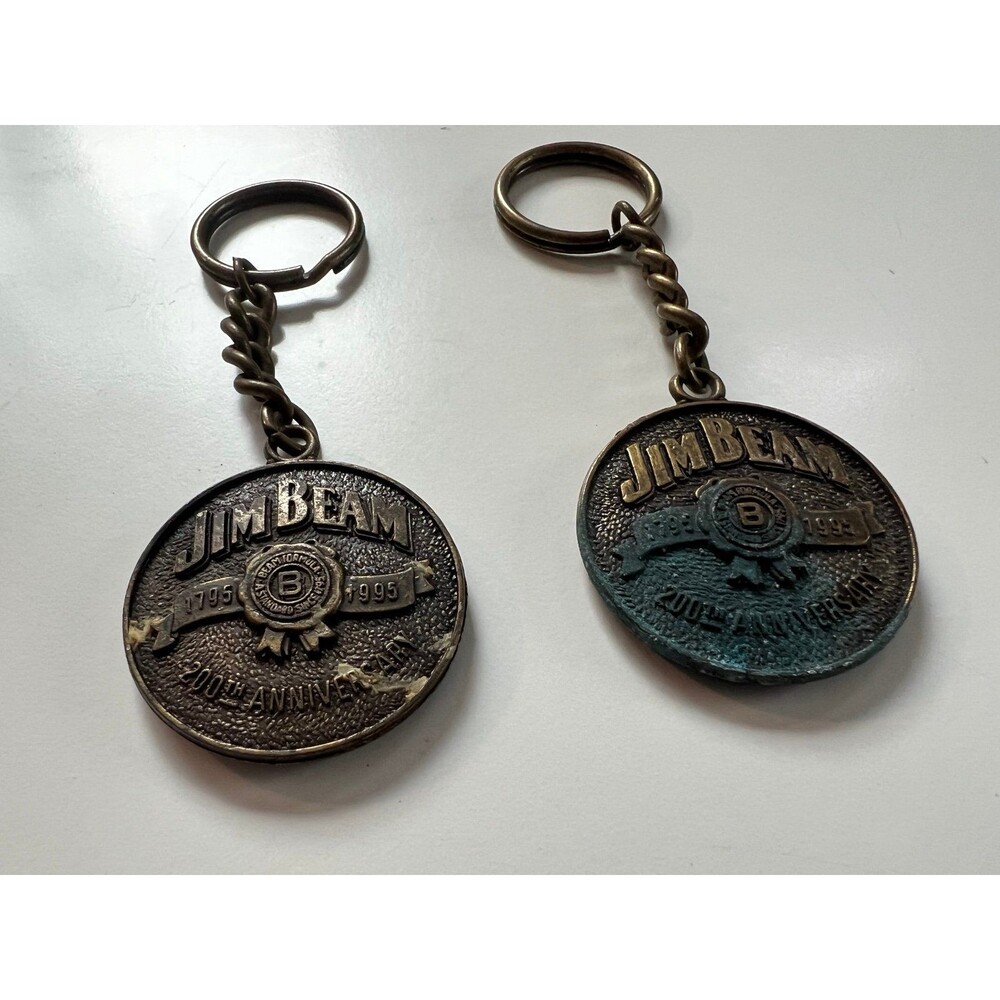 2 Vintage Jim Beam Bourbon 200th Anniversary 1795 - 1995 Brass Novelty Keychains